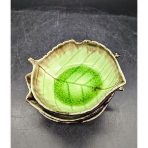 Set Of 3 Ceramic Green Leaf Sauce Dipping Bowls 4.5" Footed
